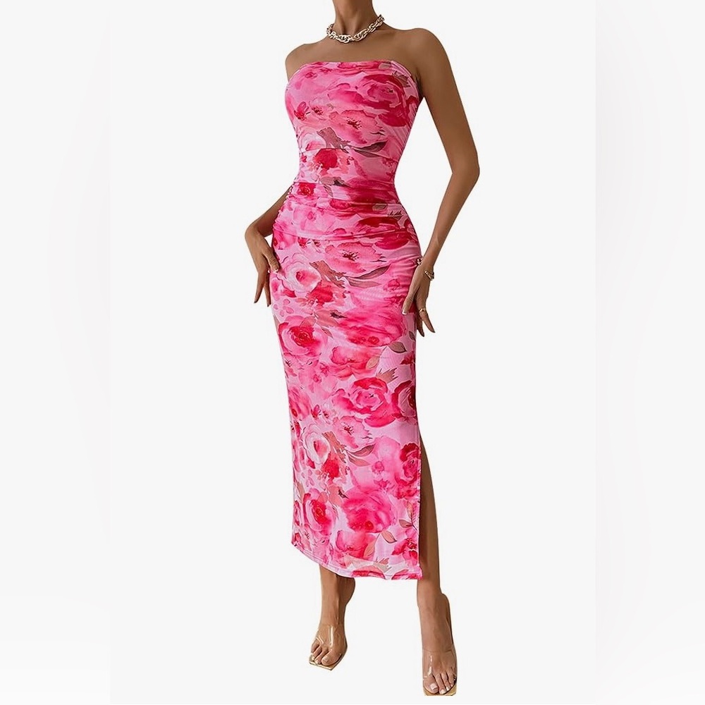 Pink Strapless Dress with Watercolor Pattern Mesh Stretch Material BNWT